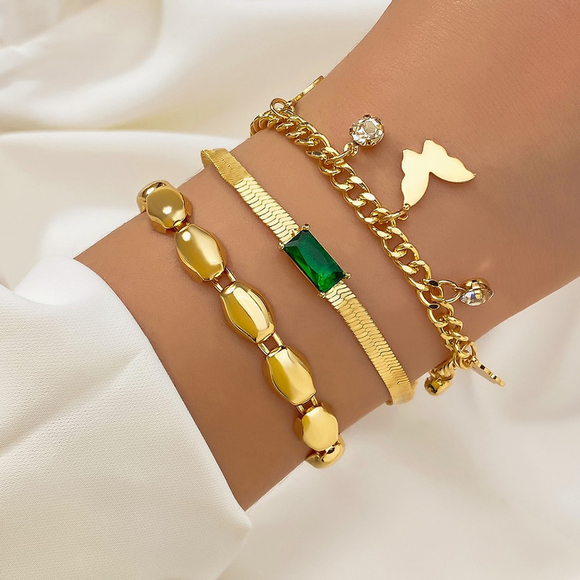 Jewelry - Gold & Green Bracelet Set – Beaded, Paperclip Chain, Butterfly Charm NWT